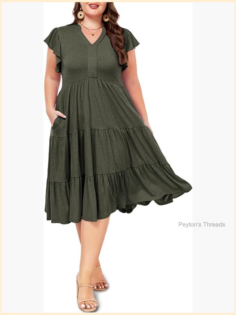 Plus Size V Neck Ruffle Midi Dress With Pockets